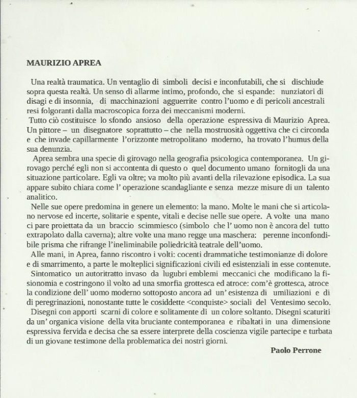 Maurizio Aprea - Anni 70 - Testo di Paolo Perrone